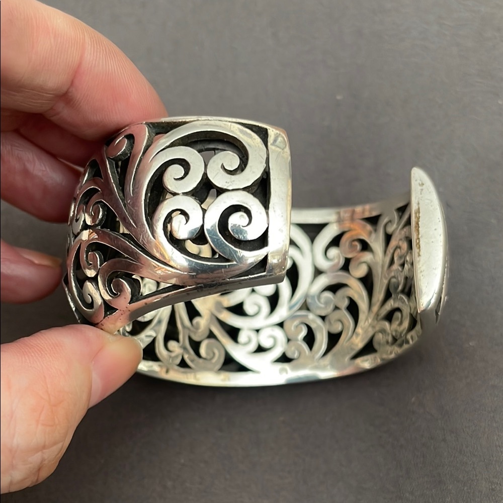 Auth Lois Hill Sterling Silver 925 Filagree Scroll Cage Wide Cuff Bracelet 185g - Picture 4 of 9